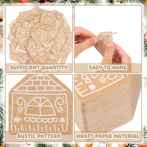 120 Pcs Christmas Gingerbread House Gift Tags Gingerbread House Christmas Tree Hanging Ornaments Brown Kraft Paper Labels with Hemp Rope for Xmas DIY Present Wrapping Holiday Decorations in Saudi Arabia