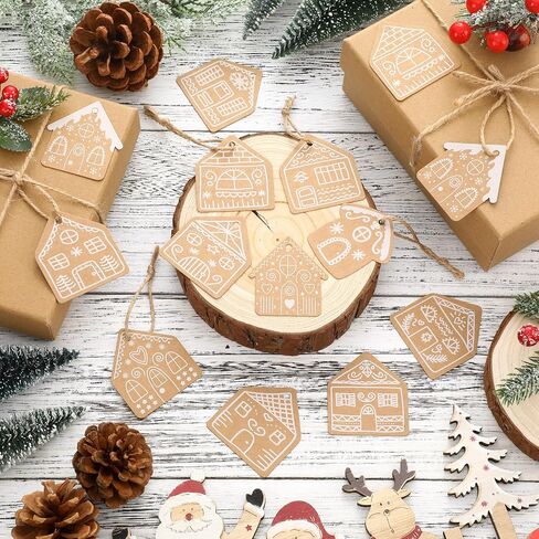 120 Pcs Christmas Gingerbread House Gift Tags Gingerbread House Christmas Tree Hanging Ornaments Brown Kraft Paper Labels with Hemp Rope for Xmas DIY Present Wrapping Holiday Decorations in Saudi Arabia