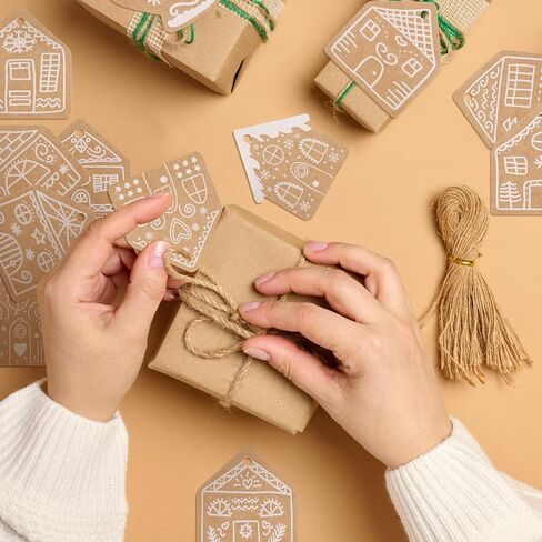 120 Pcs Christmas Gingerbread House Gift Tags Gingerbread House Christmas Tree Hanging Ornaments Brown Kraft Paper Labels with Hemp Rope for Xmas DIY Present Wrapping Holiday Decorations in Saudi Arabia
