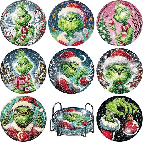 yijingtop 8 PCS عيد الميلاد Diamond Painting Coasters مجموعات مع حامل ، DIY XMAS Diamond Art Coaster مجموعات للبالغين ، مجموعات فن عيد الميلاد للماس للبالغين للحصول على جدار المنزل ديكور in Kuwait