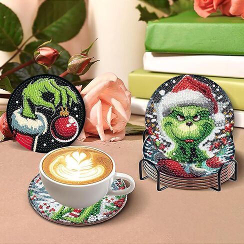 yijingtop 8 PCS عيد الميلاد Diamond Painting Coasters مجموعات مع حامل ، DIY XMAS Diamond Art Coaster مجموعات للبالغين ، مجموعات فن عيد الميلاد للماس للبالغين للحصول على جدار المنزل ديكور in Kuwait