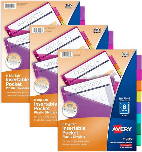 Avery 2 Pocket Plastic Dividers for 3 Ring Binders, 8 Insertable Tabs Per Set, Multicolor, 3 Pack in Saudi Arabia