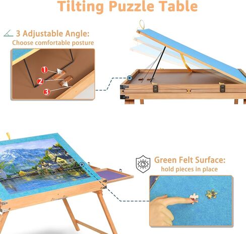 1500 Piece Puzzle Table with Legs, 35''x26'' Adjustable Puzzle Tables for Adults and Children | 3-Tilting-Angle Portable Wooden Jigsaw Puzzle Board with 4 Drawers & Cover for Gift in Saudi Arabia