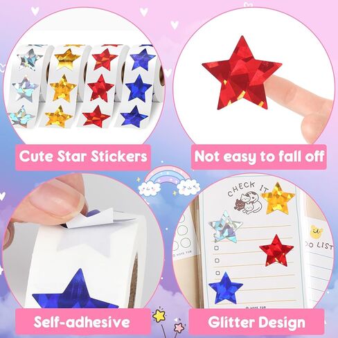 2000 PCS Holographic Star Stickers, Self Adhesive Metallic Glitter Foil Stickers Reflective Star Sticker, Ideal for Student Planners and Classroom Supplies, Each Measures 1" in Saudi Arabia
