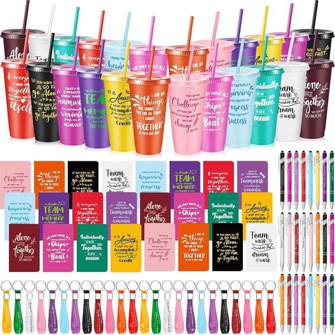48 PCS فريق تقدير فريق الموظف 24 أوقية أكواب بلاستيكية ملهمة كبيرة مع الغطاء والقش محافظات محفوظات Ballpoins مجموعة مفاتيح مجموعة عيد الشكر هدايا عيد الميلاد (ملونة) in Kuwait