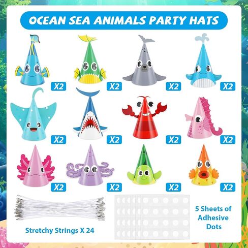 24Pcs Sea Animal Party Hats Under The Sea Birthday Party Supplies for DIY Ocean Theme Paper Hat Animals Turtle Headbands Cartoon Octopus Summer Decorations Favors in Saudi Arabia