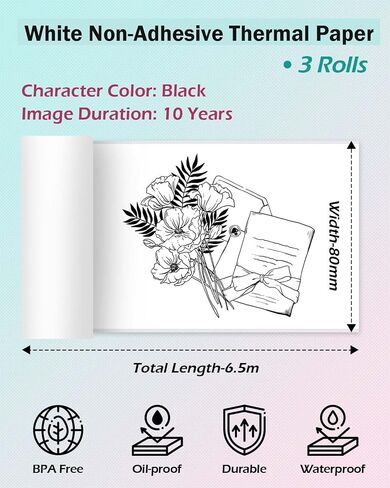 Phomemo Non-Adhesive 80mm Width Thermal Paper Printer Paper, Compatible With Phomemo M03/M03AS/M04S/M04AS Sticky Note Printer, Black on White, 3 Rolls, Suitable For Notes, List, Photo in Saudi Arabia