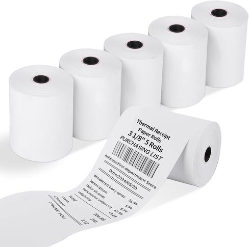 لفة ورق الاستلام الحراري 3 1/8 "× 230 '5 لفات متوافقة مع أنظمة نقاط البيع ، وسجلات نقدية - ورقة استلام بطاقة الائتمان مجانية ، BPA ، in Kuwait
