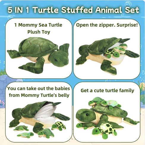 5 Piece Sea Turtle Stuffed Animal with Babies Inside, 12'' Mommy Stuffed Turtle Plush Pillow Toy with 3 Little Turtles Tortoise Toys for Kids Girls Boys Birthday Christmas Plush Gifts Party Favors in Kuwait