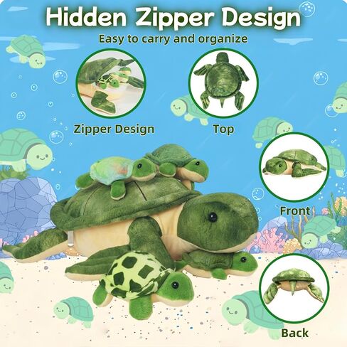 5 Piece Sea Turtle Stuffed Animal with Babies Inside, 12'' Mommy Stuffed Turtle Plush Pillow Toy with 3 Little Turtles Tortoise Toys for Kids Girls Boys Birthday Christmas Plush Gifts Party Favors in Kuwait