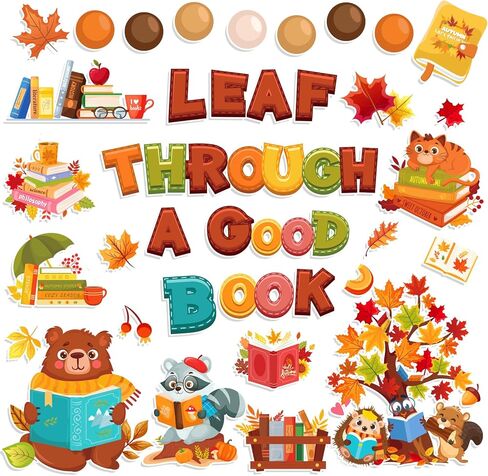 HOWAF Fall Classroom Decorations Leaf Through a Good Book Bulletin Board Set for Autumn Chalkboard School, Fall Reading Learning Maple Leaves Cutout for Thanksgiving Wall Class Blackboard Decor in Saudi Arabia
