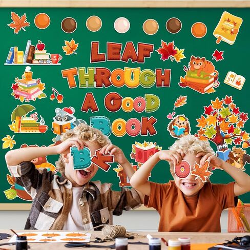 HOWAF Fall Classroom Decorations Leaf Through a Good Book Bulletin Board Set for Autumn Chalkboard School, Fall Reading Learning Maple Leaves Cutout for Thanksgiving Wall Class Blackboard Decor in Saudi Arabia