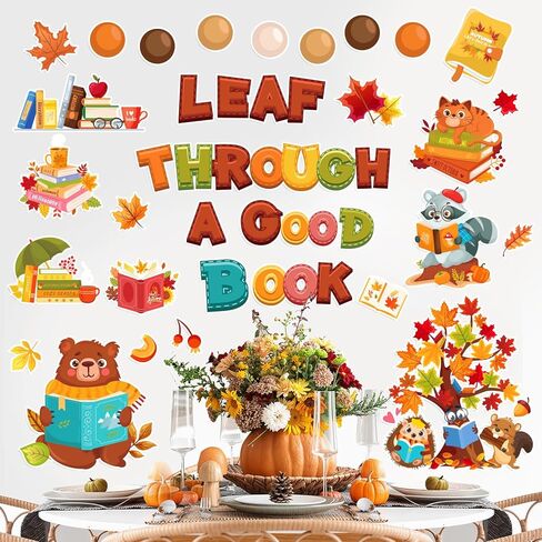 HOWAF Fall Classroom Decorations Leaf Through a Good Book Bulletin Board Set for Autumn Chalkboard School, Fall Reading Learning Maple Leaves Cutout for Thanksgiving Wall Class Blackboard Decor in Saudi Arabia