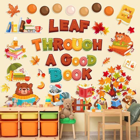 HOWAF Fall Classroom Decorations Leaf Through a Good Book Bulletin Board Set for Autumn Chalkboard School, Fall Reading Learning Maple Leaves Cutout for Thanksgiving Wall Class Blackboard Decor in Saudi Arabia