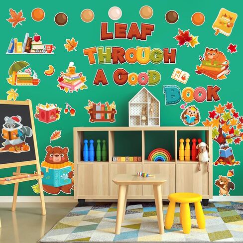 HOWAF Fall Classroom Decorations Leaf Through a Good Book Bulletin Board Set for Autumn Chalkboard School, Fall Reading Learning Maple Leaves Cutout for Thanksgiving Wall Class Blackboard Decor in Saudi Arabia