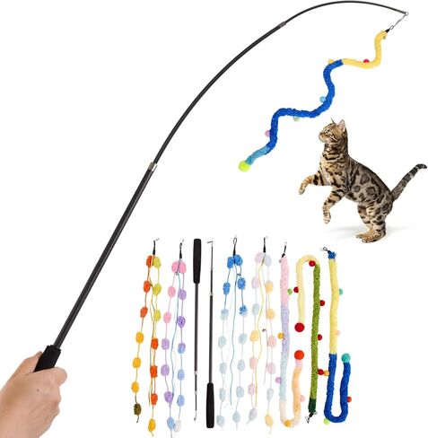 Cat Wand Toy, 8Pcs Retractable Plush Srtip Cat Teaser Wand Toys with Bell & String, Long Interactive Wand Toys for Indoor Kitten, Exercise in Kuwait