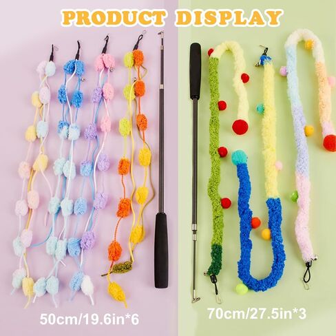 Cat Wand Toy, 8Pcs Retractable Plush Srtip Cat Teaser Wand Toys with Bell & String, Long Interactive Wand Toys for Indoor Kitten, Exercise in Kuwait