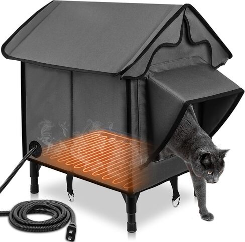 Heated Cat House for Outside, Winter Insulated Cats House with Heated Pad, Waterproof Weatherproof Cat Shelter for Outdoor Indoor Cats, Cozy Elevated Feral Cat House Bed Green 21x19.4x16.5 in in Kuwait