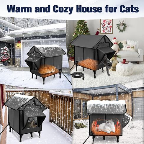Heated Cat House for Outside, Winter Insulated Cats House with Heated Pad, Waterproof Weatherproof Cat Shelter for Outdoor Indoor Cats, Cozy Elevated Feral Cat House Bed Green 21x19.4x16.5 in in Kuwait