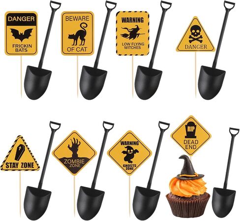 CCINEE 100pcs Halloween Cupcake Toppers and Spoons, Disposable Plastic Icecream Shovel Spoons Warning Cupcake Picks for Halloween Theme Party Desserts Decorations in Saudi Arabia