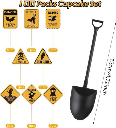 CCINEE 100pcs Halloween Cupcake Toppers and Spoons, Disposable Plastic Icecream Shovel Spoons Warning Cupcake Picks for Halloween Theme Party Desserts Decorations in Saudi Arabia