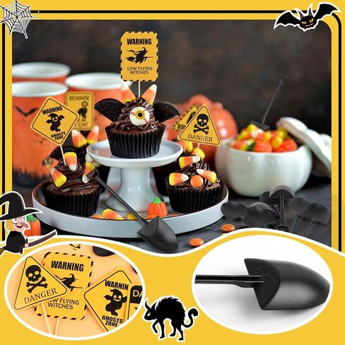 CCINEE 100pcs Halloween Cupcake Toppers and Spoons, Disposable Plastic Icecream Shovel Spoons Warning Cupcake Picks for Halloween Theme Party Desserts Decorations in Saudi Arabia