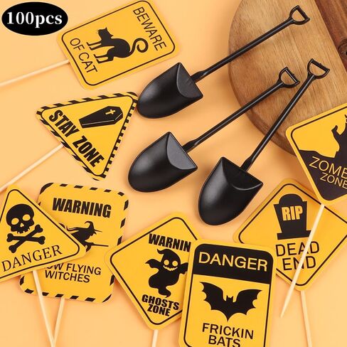CCINEE 100pcs Halloween Cupcake Toppers and Spoons, Disposable Plastic Icecream Shovel Spoons Warning Cupcake Picks for Halloween Theme Party Desserts Decorations in Saudi Arabia