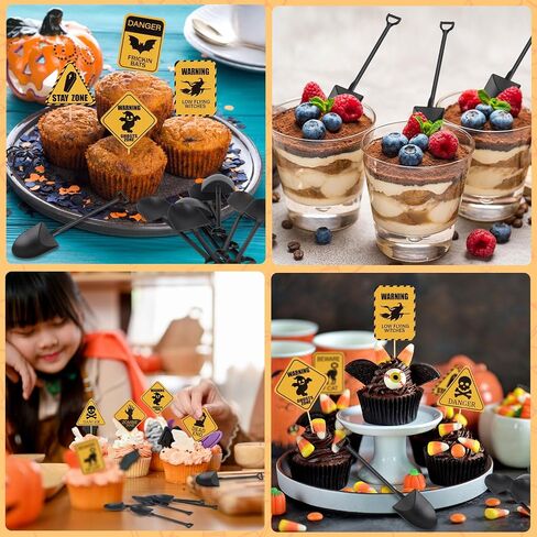 CCINEE 100pcs Halloween Cupcake Toppers and Spoons, Disposable Plastic Icecream Shovel Spoons Warning Cupcake Picks for Halloween Theme Party Desserts Decorations in Saudi Arabia