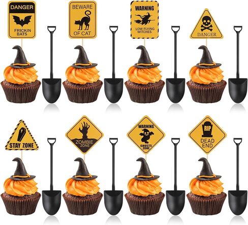 CCINEE 100pcs Halloween Cupcake Toppers and Spoons, Disposable Plastic Icecream Shovel Spoons Warning Cupcake Picks for Halloween Theme Party Desserts Decorations in Saudi Arabia