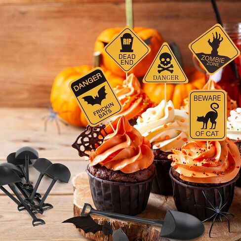 CCINEE 100pcs Halloween Cupcake Toppers and Spoons, Disposable Plastic Icecream Shovel Spoons Warning Cupcake Picks for Halloween Theme Party Desserts Decorations in Saudi Arabia