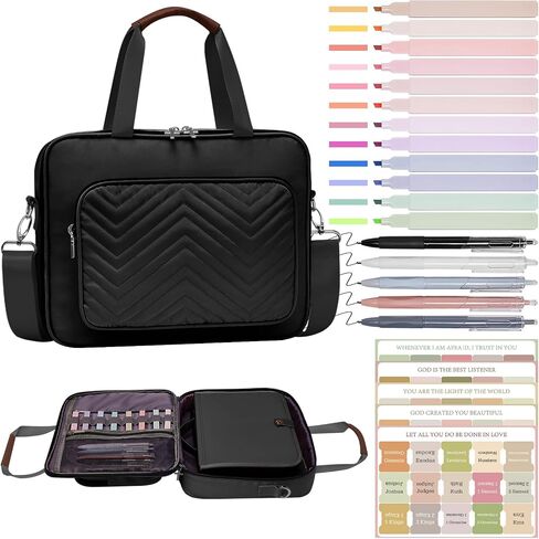 Waterproof Bible Cover Case for Women,Quilted Bible Case with Leather Handle and Bible Study Kit Includes 5 Pens, 12 Highlighters, 72 Tabs,Bible Journaling Supplies (Black) in Saudi Arabia
