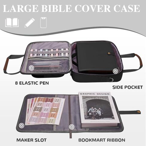Waterproof Bible Cover Case for Women,Quilted Bible Case with Leather Handle and Bible Study Kit Includes 5 Pens, 12 Highlighters, 72 Tabs,Bible Journaling Supplies (Black) in Saudi Arabia