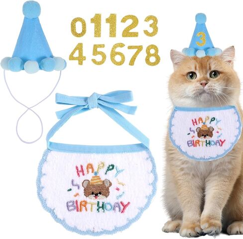 Blue Boy Cat Kitten Birthday Bandana Hat Numbers Cat Party Hat with Numbers Cats Birthday Party Supplies Small Dog Apparel Outfits Cats Embroidered Scarf Set Cute Pet Happy Birthdays Decorations in Saudi Arabia