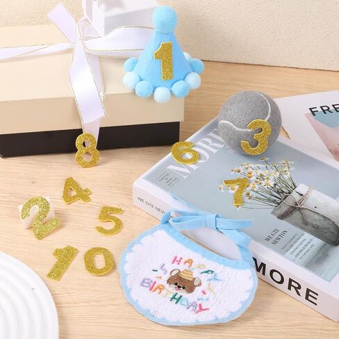 Blue Boy Cat Kitten Birthday Bandana Hat Numbers Cat Party Hat with Numbers Cats Birthday Party Supplies Small Dog Apparel Outfits Cats Embroidered Scarf Set Cute Pet Happy Birthdays Decorations in Saudi Arabia