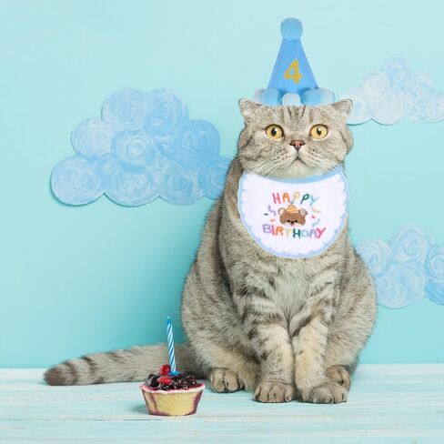 Blue Boy Cat Kitten Birthday Bandana Hat Numbers Cat Party Hat with Numbers Cats Birthday Party Supplies Small Dog Apparel Outfits Cats Embroidered Scarf Set Cute Pet Happy Birthdays Decorations in Saudi Arabia