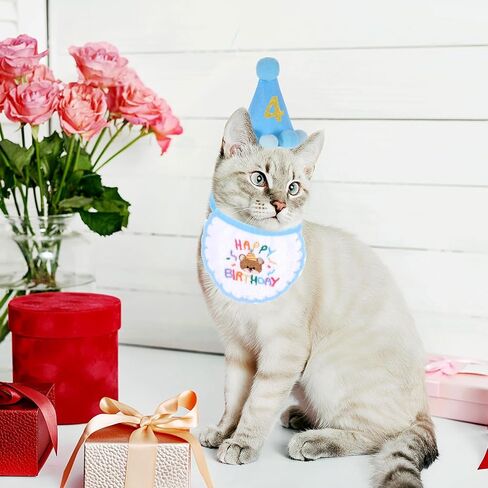 Blue Boy Cat Kitten Birthday Bandana Hat Numbers Cat Party Hat with Numbers Cats Birthday Party Supplies Small Dog Apparel Outfits Cats Embroidered Scarf Set Cute Pet Happy Birthdays Decorations in Saudi Arabia