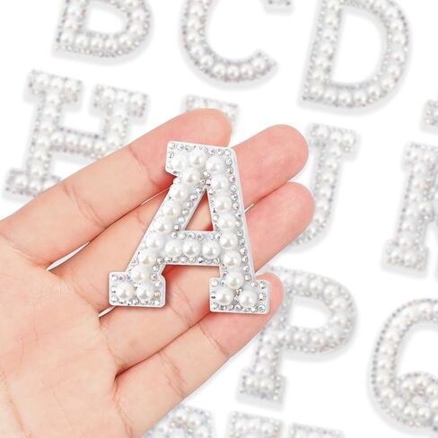 26 PCS Pearl Rhinestone Letter Patches Rhinestone Iron على Patch A-Z الحديد على بقع للملابس اللمعان الأبجدي التابوت أحجار البؤرة. in Kuwait