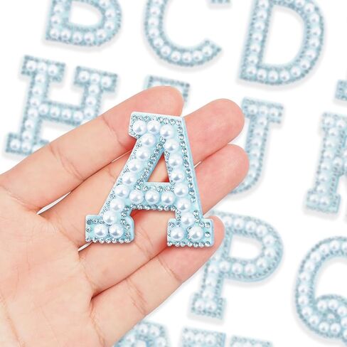 26 Pcs Pearl Rhinestone Letter Patches Rhinestone Iron on Patch A-Z Iron On Patches for Clothing Glitter Alphabet Applique Rhinestones Pearl Repair Embellishments Sew on Fabric(Blue) in Kuwait