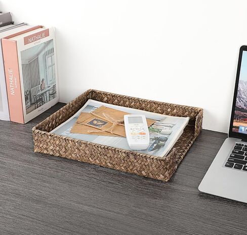 Btsky متعددة الأغراض A4 File Tray Natural Seagrass Desk Tray Organizer منسوجة الحرف الحجم المستندات المكتبية وثائق المجلات مجلة تخزين سلة منظم لحمام مستحضرات التجميل ، القهوة in Kuwait
