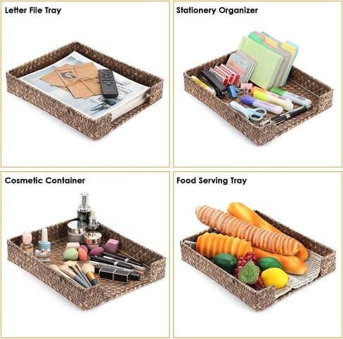 Btsky متعددة الأغراض A4 File Tray Natural Seagrass Desk Tray Organizer منسوجة الحرف الحجم المستندات المكتبية وثائق المجلات مجلة تخزين سلة منظم لحمام مستحضرات التجميل ، القهوة in Kuwait