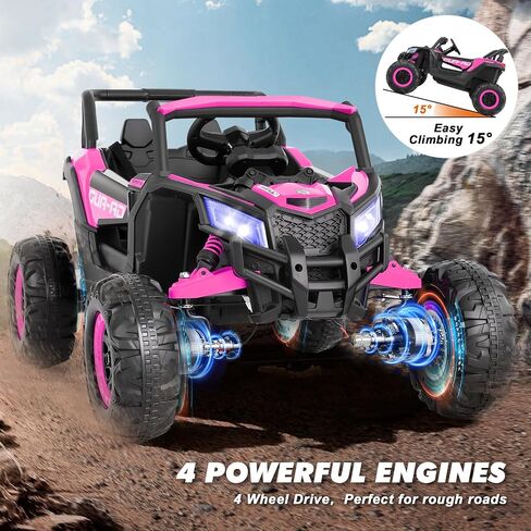 JOYLDIAS 4WD Ride On Car, 12V Battery Powered Electric Off-Road UTV for Kids, 4X4 Electric Vehicle W/4 Powerful Engines, 2.4G Remote Control, Music, Bluetooth, LED Lights for Boys and Girls, Pink in Kuwait