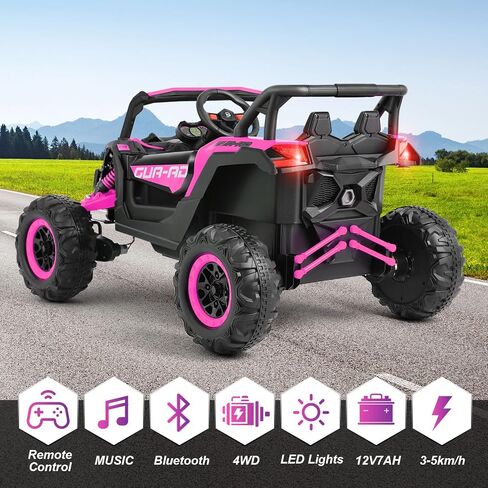 JOYLDIAS 4WD Ride On Car, 12V Battery Powered Electric Off-Road UTV for Kids, 4X4 Electric Vehicle W/4 Powerful Engines, 2.4G Remote Control, Music, Bluetooth, LED Lights for Boys and Girls, Pink in Kuwait