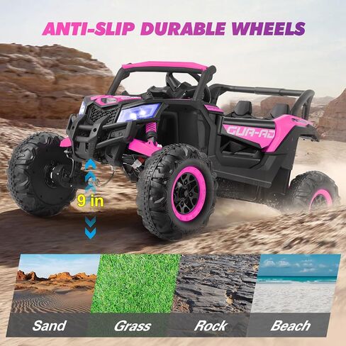 JOYLDIAS 4WD Ride On Car, 12V Battery Powered Electric Off-Road UTV for Kids, 4X4 Electric Vehicle W/4 Powerful Engines, 2.4G Remote Control, Music, Bluetooth, LED Lights for Boys and Girls, Pink in Kuwait