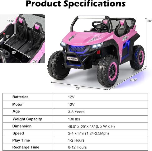 Costzon 2-Seater Ride on Car for Kids, 12V Kids' Electric Vehicles w/Remote Control, 4 Shock Absorbers, Wireless Music & FM, 3 Speeds, Ambiance Lights, Electric Car UTV for Boys Girls (Red) in Saudi Arabia