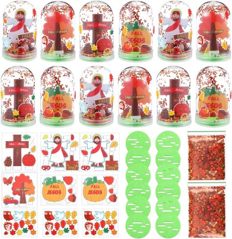 12 مجموعة أدوات حرفة دينية سقوط الثلج ، اجعل سقوطك الخاص لـ Jesus Snow Globes DIY البلاستيك اللمعان Globe Kit for Sunday School Church Classroom Autumn Harvest Supplies in Kuwait