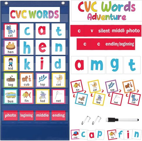 Pasimy CVC Word Pocket Pocket مع 65 بطاقات فلاش صوتية على الوجهين ، CVC Word Word Games Classroom يجب أن يكون في مرحلة ما قبل المدرسة لتعلم القراءة والإملاء (الأسود) in Kuwait