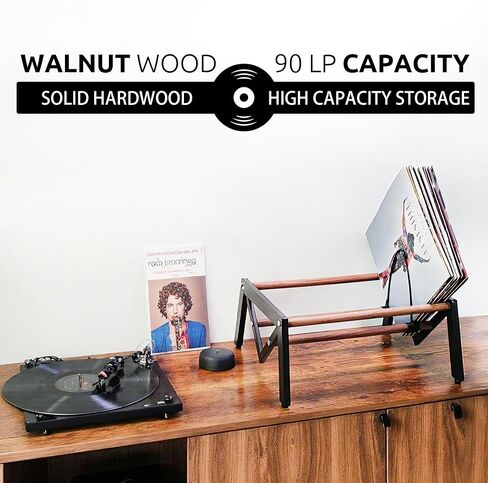 Vinyl Record Holder,Record Storage and Display Organizer for Countertop,Cd Storage Rack,Black metal frame paired with walnut wood,90-120 LP Vinyl Record Storage Rack. in Saudi Arabia