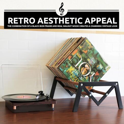Vinyl Record Holder,Record Storage and Display Organizer for Countertop,Cd Storage Rack,Black metal frame paired with walnut wood,90-120 LP Vinyl Record Storage Rack. in Saudi Arabia