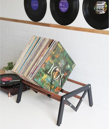 Vinyl Record Holder,Record Storage and Display Organizer for Countertop,Cd Storage Rack,Black metal frame paired with walnut wood,90-120 LP Vinyl Record Storage Rack. in Saudi Arabia