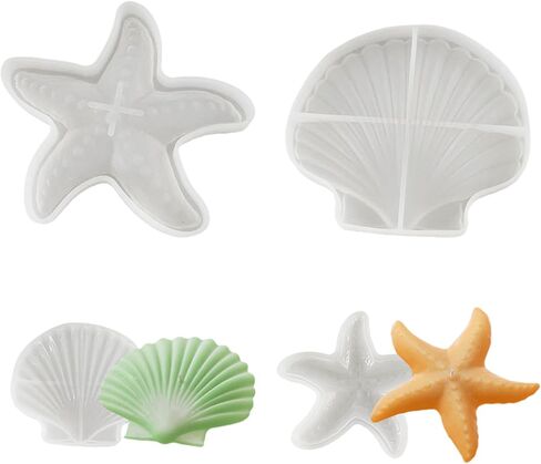 2 Pack Starfish and Seashell Silicone Molds, Starfish Candle Molds Silicone, Seashell Conch Baking Molds for Decorating Cake Candy Chocolate Candle Making Polymer Clay DIY Craft Projects (A) in Kuwait